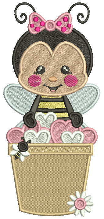Cute Girl Bee Sitting Inside The Bucket Full Of Hearts Valentine's Day Filled Machine Embroidery Design Digitized Pattern