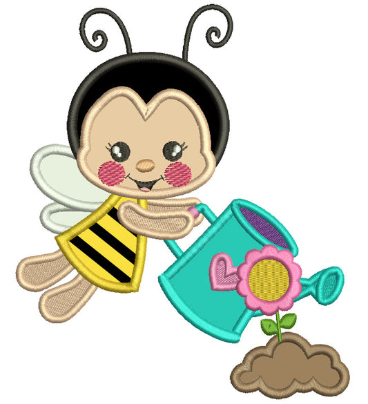 Cute Girl Bee Watering Plants Gardening Applique Machine Embroidery Design Digitized Pattern