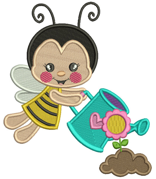 Cute Girl Bee Watering Plants Gardening Filled Machine Embroidery Design Digitized Pattern
