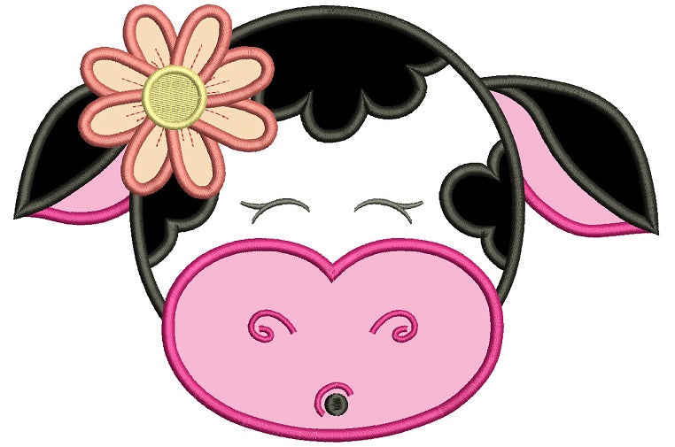 Cute Girl Cow With Big Flower Applique Machine Embroidery Design Digitized Pattern