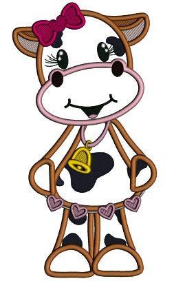 Cute Girl Cow With a Bell And Hearts Applique Machine Embroidery Design Digitized Pattern