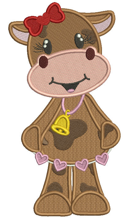 Cute Girl Cow With a Bell And Hearts Filled Machine Embroidery Design Digitized Pattern
