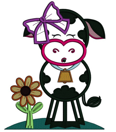 Cute Girl Cow With a Big Hair Bow Applique Machine Embroidery Design Digitized Pattern