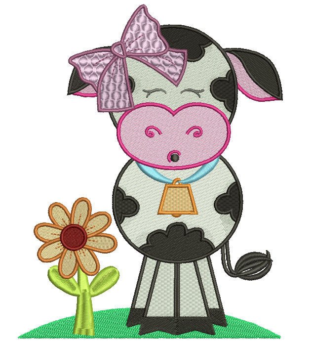 Cute Girl Cow With a Big Hair Bow Filled Machine Embroidery Design Digitized Pattern