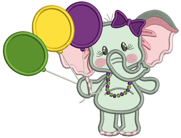 Cute Girl Elephant Holding Balloons Mardi Gras Applique Machine Embroidery Design Digitized Pattern