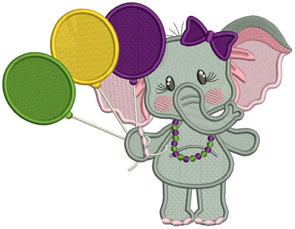 Cute Girl Elephant Holding Balloons Mardi Gras Filled Machine Embroidery Design Digitized Pattern