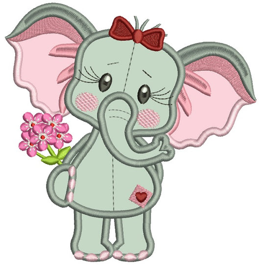 Cute Girl Elephant Holding Flowers Applique Machine Embroidery Design Digitized Pattern