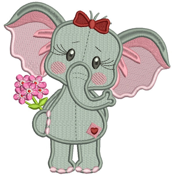Cute Girl Elephant Holding Flowers Filled Machine Embroidery Design Digitized Pattern