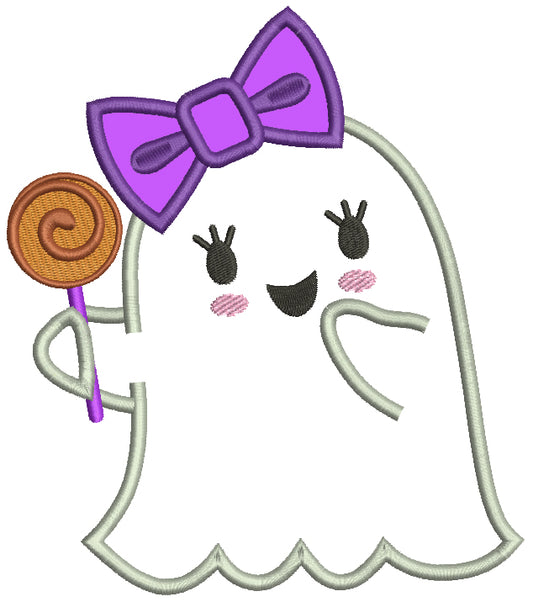 Cute Girl Ghost With a Big Hair Bow Halloween Applique Machine Embroidery Design Digitized Pattern