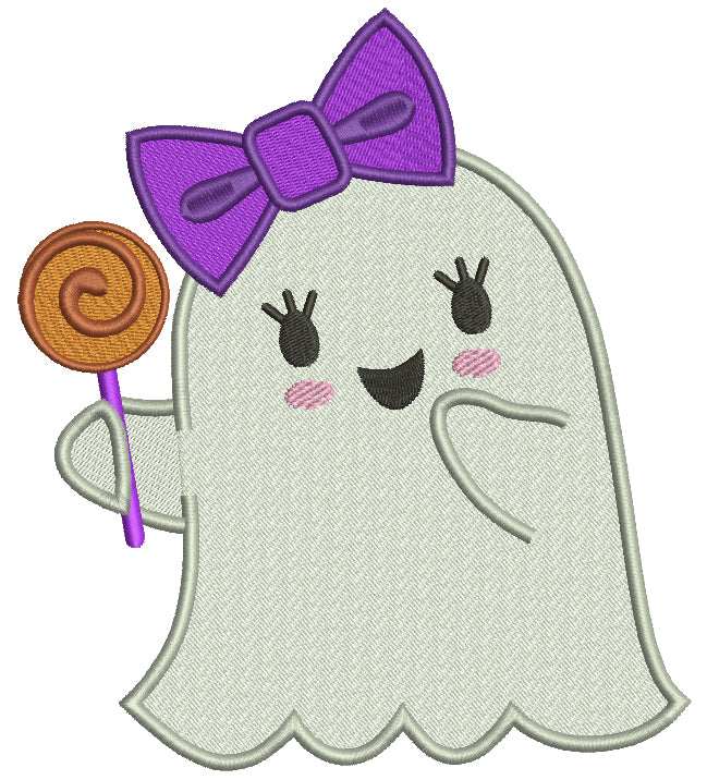 Cute Girl Ghost With a Big Hair Bow Halloween Filled Machine Embroidery Design Digitized Pattern