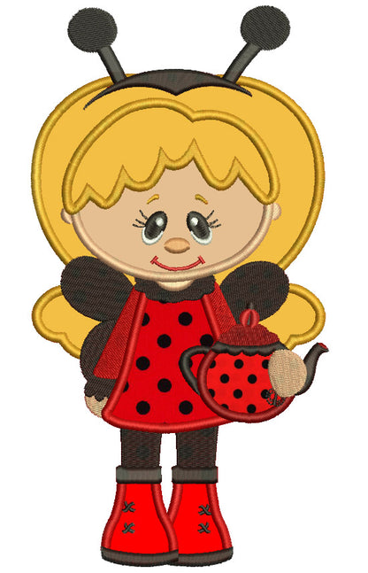 Cute Girl Lady Bug Apples Applique Machine Embroidery Digitized Design Pattern