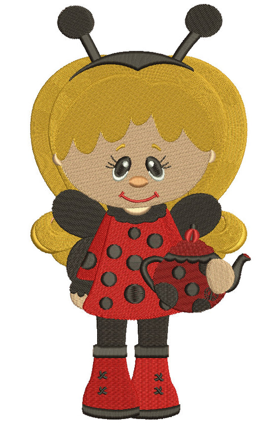 Cute Girl Lady Bug Apples Filled Machine Embroidery Digitized Design Pattern