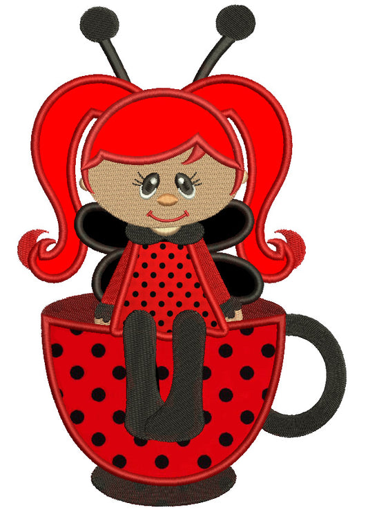 Cute Girl Ladybug sitting on a cup Applique Machine Embroidery Digitized Design Pattern