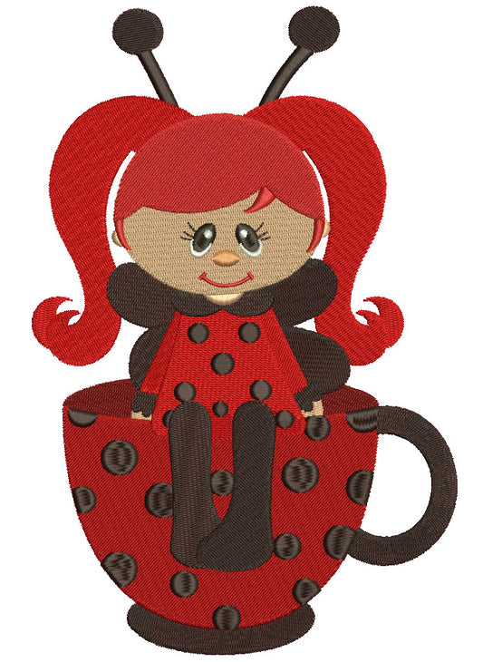 Cute Girl Ladybug sitting on a cup Filled Machine Embroidery Digitized Design Pattern