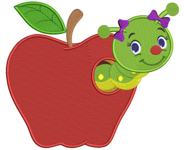 Cute Girl Little Caterpillar Inside Apple School Filled Machine Embroidery Design Digitized Pattern