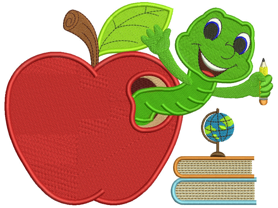 Cute Smiling Worm Inside With Books Inside Apple School Filled Machine Embroidery Design Digitized Pattern