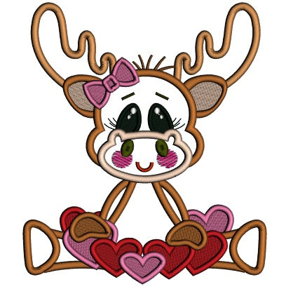 Cute Girl Moose With Lots Of Hearts Applique Machine Embroidery Design Digitized Pattern