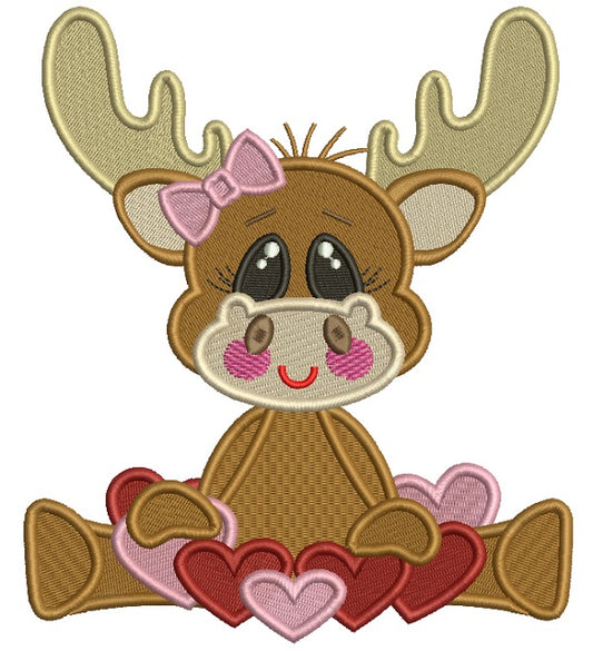 Cute Girl Moose With Lots Of Hearts Filled Machine Embroidery Design Digitized Pattern