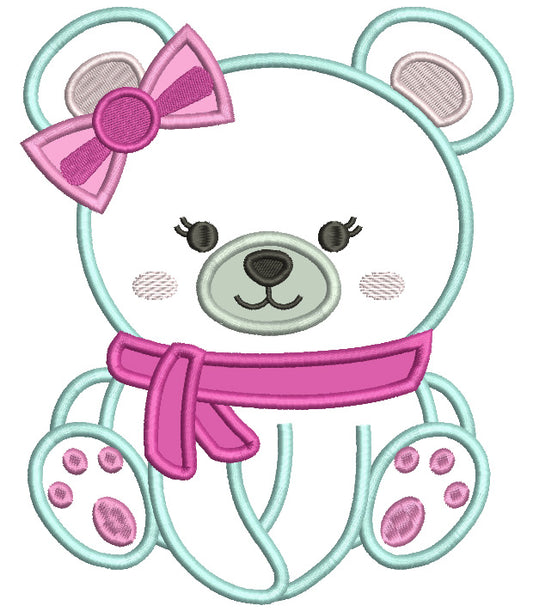 Cute Girl Polar Bear Wearing a Hair Bow Applique Machine Embroidery Digitized Design Pattern