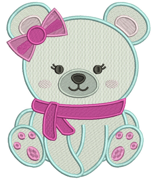 Cute Girl Polar Bear Wearing a Hair Bow Filled Machine Embroidery Digitized Design Pattern