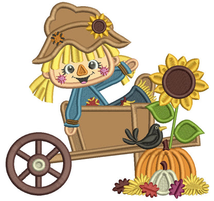 Cute Girl Scarecrow Sitting On The Wagon With Pumpkins And Sunflower Fall Applique Machine Embroidery Design Digitized Pattern
