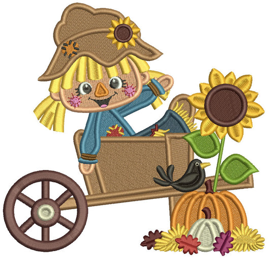 Cute Girl Scarecrow Sitting On The Wagon With Pumpkins And Sunflower Fall Filled Machine Embroidery Design Digitized Pattern
