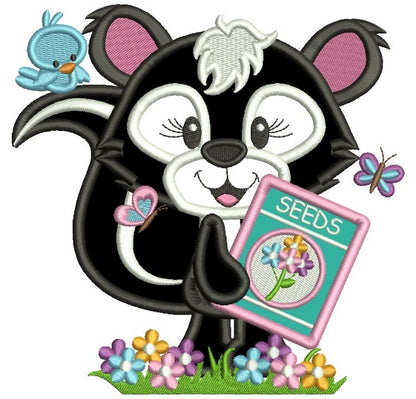 Cute Girl Skunk Planting Seeds Applique Machine Embroidery Design Digitized Pattern