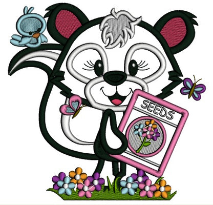 Cute Girl Skunk Planting Seeds Applique Machine Embroidery Design Digitized Pattern