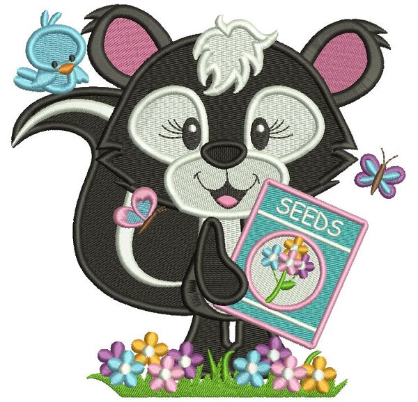Cute Girl Skunk Planting Seeds Filled Machine Embroidery Design Digitized Pattern