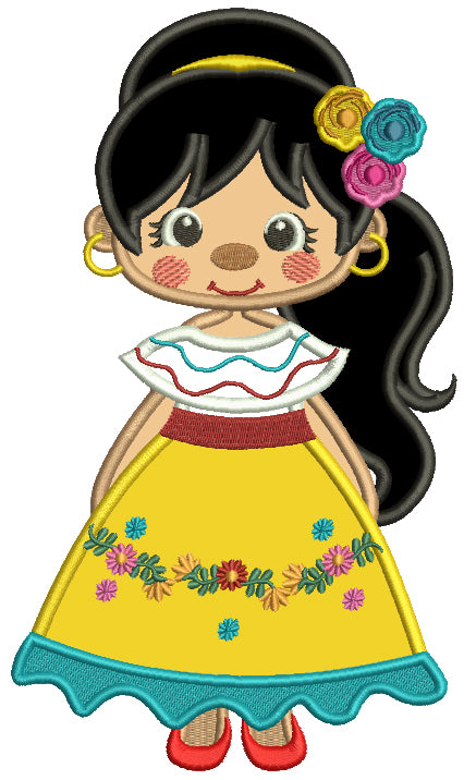 Cute Girl Wearing Fiesta Dress Applique Cinco de Mayo Machine Embroidery Design Digitized Pattern