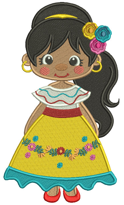 Cute Girl Wearing Fiesta Dress Filled Cinco de Mayo Machine Embroidery Design Digitized Pattern