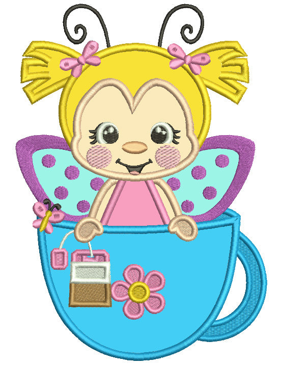 Cute Girl With Butterfly WIngs Sittings In The Big Cup Applique Machine Embroidery Design Digitized Pattern