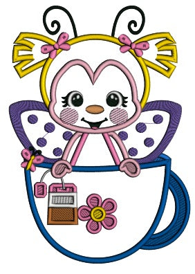 Cute Girl With Butterfly WIngs Sittings In The Big Cup Applique Machine Embroidery Design Digitized Pattern