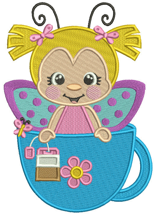 Cute Girl With Butterfly WIngs Sittings In The Big Cup Filled Machine Embroidery Design Digitized Pattern