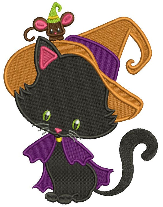 Cute Halloween Black Cat Wizard With a Big Hat and a Mouse Filled Machine Embroidery Design Digitized Pattern