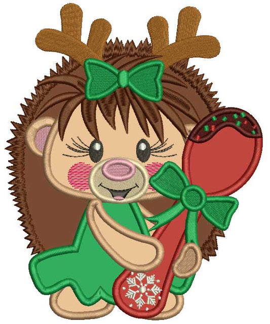 Cute Hedgehog Holding a Spoon Applique Christmas Machine Embroidery Design Digitized Pattern