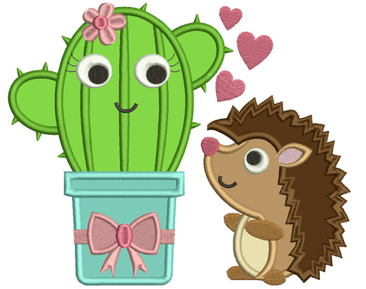 Cute Hedgehog Looking at a Cactus Applique Machine Embroidery Design Digitized Pattern