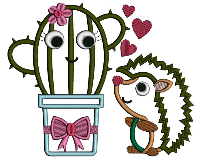 Cute Hedgehog Looking at a Cactus Applique Machine Embroidery Design Digitized Pattern