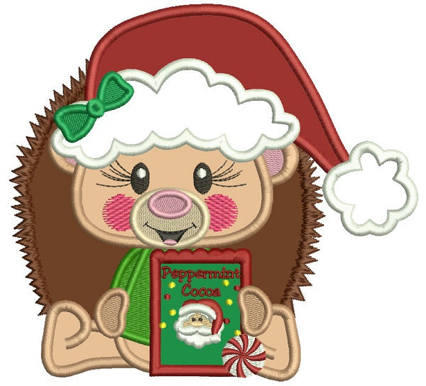 Cute Hedgehog Wearing Santa Hat Holding Peppermint Cocoa Box Applique Christmas Machine Embroidery Design Digitized Pattern