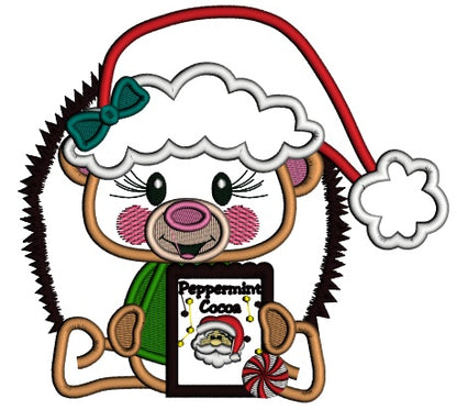 Cute Hedgehog Wearing Santa Hat Holding Peppermint Cocoa Box Applique Christmas Machine Embroidery Design Digitized Pattern