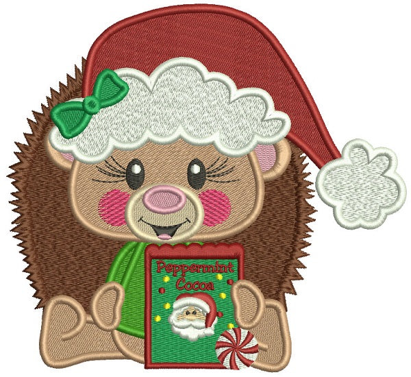 Cute Hedgehog Wearing Santa Hat Holding Peppermint Cocoa Box Filled Christmas Machine Embroidery Design Digitized Pattern