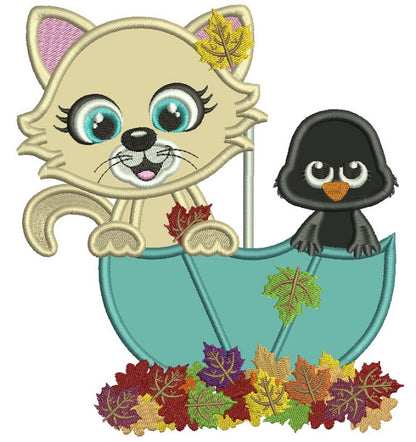 Cute Kitten And a Baby Crow Sitting Inside an Umbrella Fall Applique Machine Embroidery Design Digitized Pattern