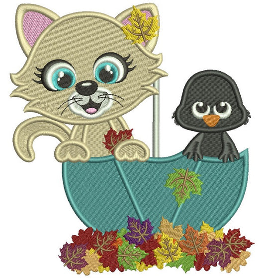 Cute Kitten And a Baby Crow Sitting Inside an Umbrella Fall Filled Machine Embroidery Design Digitized Pattern