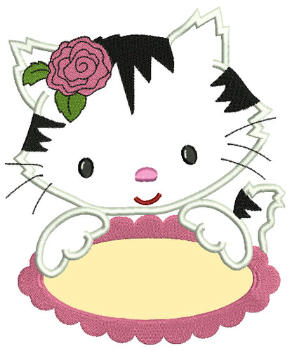 Cute Kitten with a Flower Applique Machine Embroidery Digitized Design Pattern