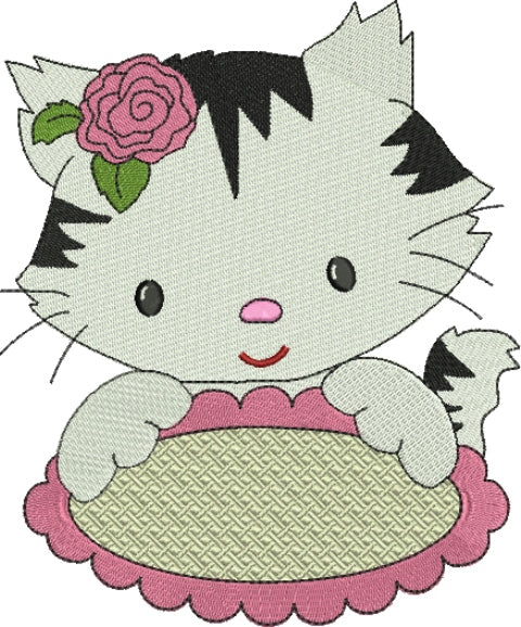 Cute Kitten with a Flower Filled Machine Embroidery Digitized Design Pattern