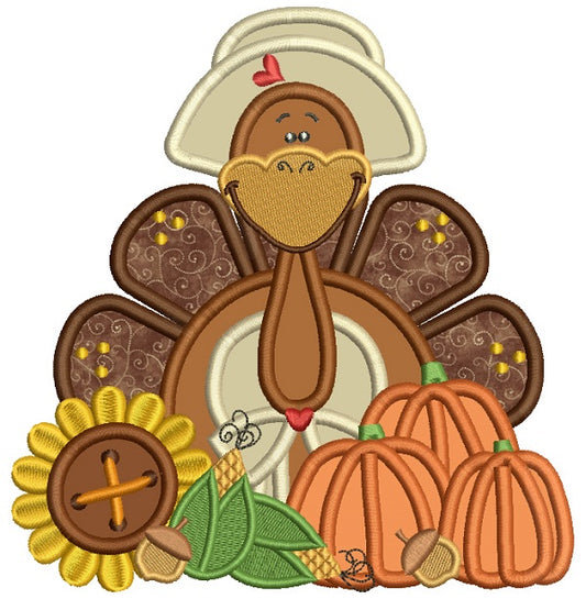 Cute Lady Turkey Wearing a Big Hat Thanksgiving Applique Machine Embroidery Design Digitized Pattern