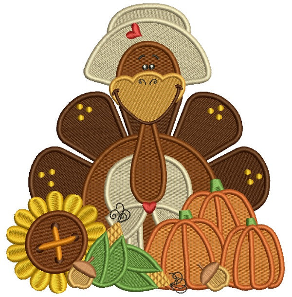 Cute Lady Turkey Wearing a Big Hat Thanksgiving Filled Machine Embroidery Design Digitized Pattern