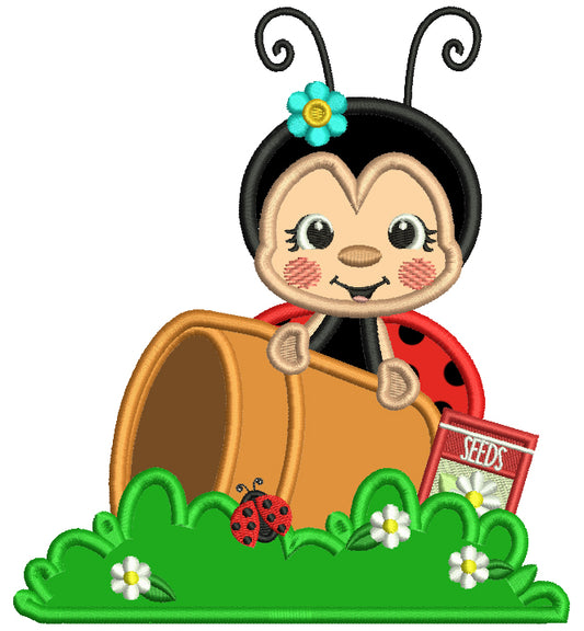 Cute Ladybug Gardner With a Flower Pot and Bag of Flower Seeds Applique Machine Embroidery Design Digitized Pattern