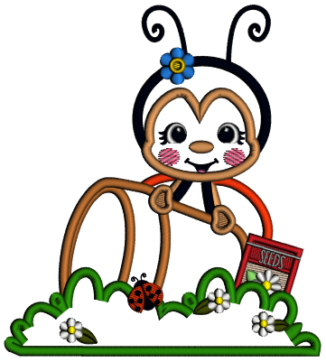 Cute Ladybug Gardner With a Flower Pot and Bag of Flower Seeds Applique Machine Embroidery Design Digitized Pattern