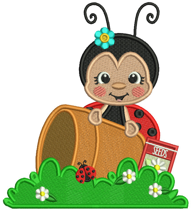 Cute Ladybug Gardner With a Flower Pot and Bag of Flower Seeds Filled Machine Embroidery Design Digitized Pattern